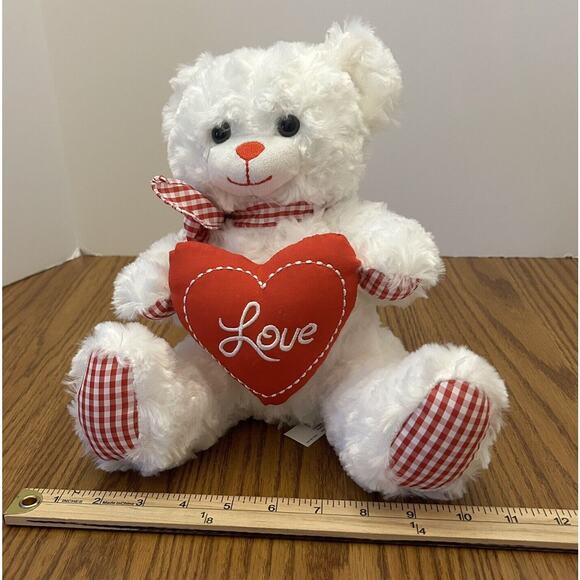 Burton + Burton White Plush Bear with Red Checked Accents Holding Heart 10 Inch - Picture 9 of 10